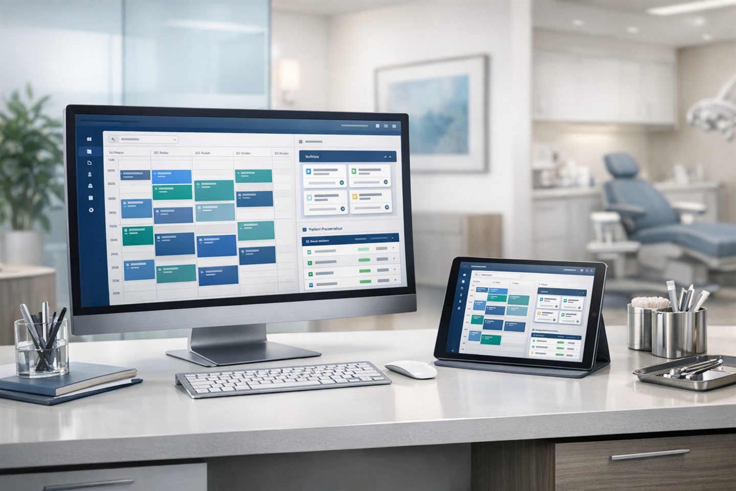 Praxissoftware für Leitstand, Kalender und Produktwissen in einer hochwertigen klinischen Umgebung.